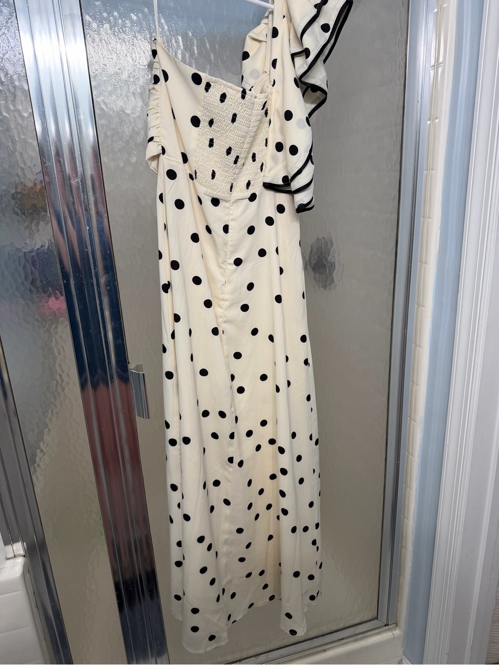One-Shoulder Polka Dot Maxi Dress - Cream/Black - Picture 4 of 5